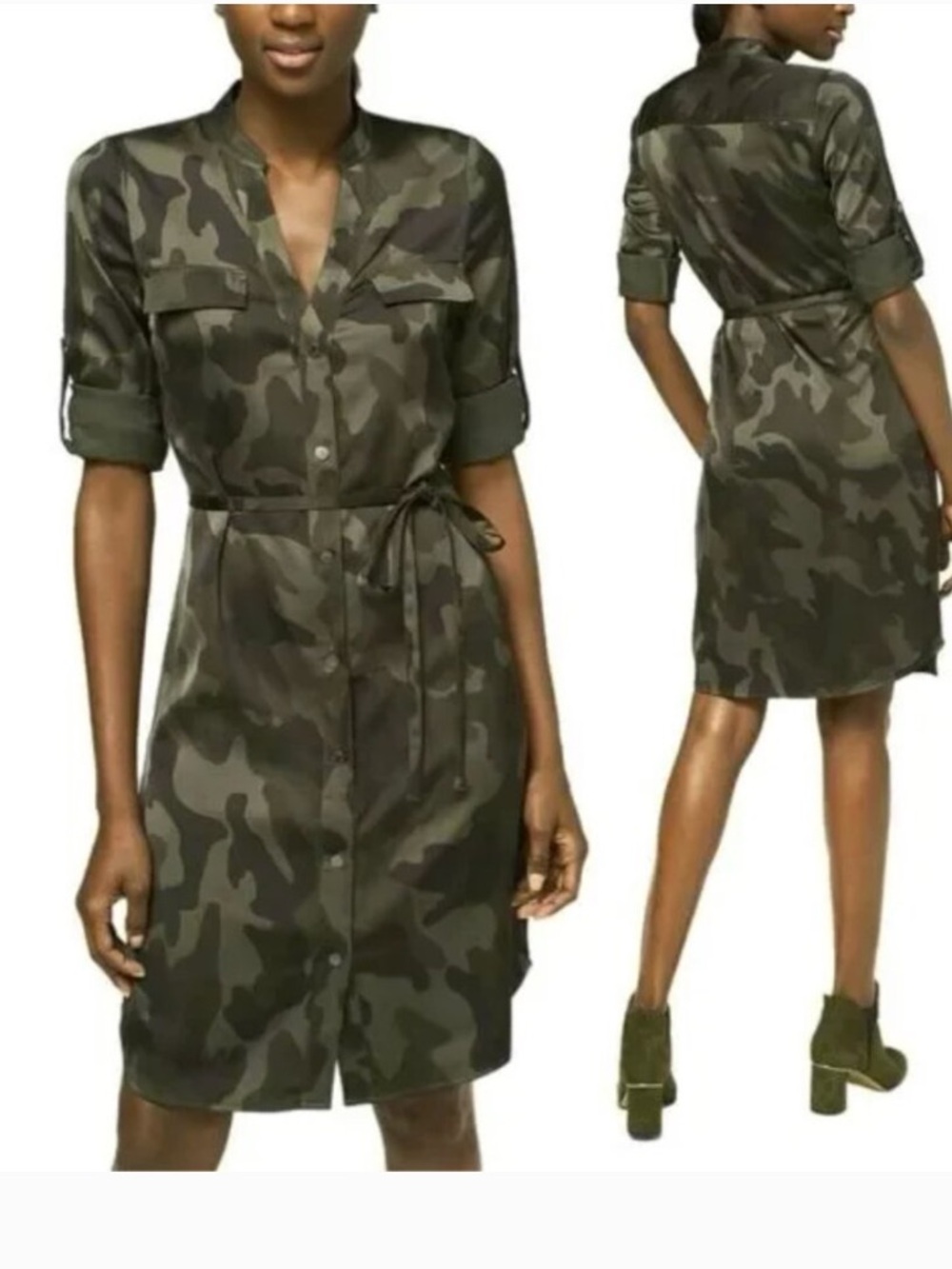 White House Black Market Green & Black Camo Tie-Waist Shirt Dress